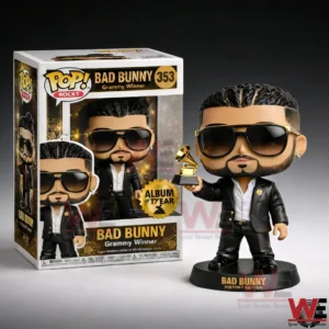 Bad Bunny style collectible figure holding a Grammy trophy next to its display box!