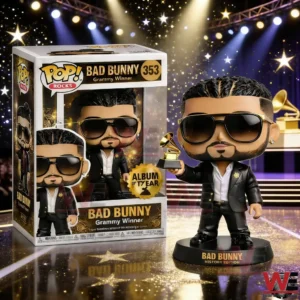 Bad Bunny Grammy Winner Pop Figure 4 Bad Bunny style collectible figure holding a Grammy trophy on a lit stage background!
