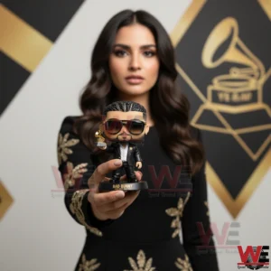Bad Bunny Grammy Winner Pop Figure 5 Woman holding a Bad Bunny style collectible figure with a Grammy themed background!