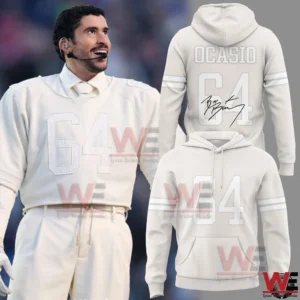 Cream Ocasio 64 hoodie with front and back views next to performer wearing number 64 jersey.