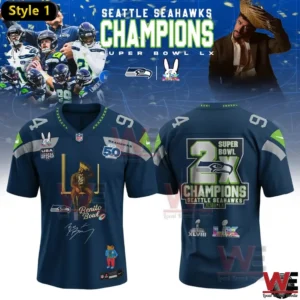 Seattle Seahawks championship themed jersey with front and back design in navy and green!