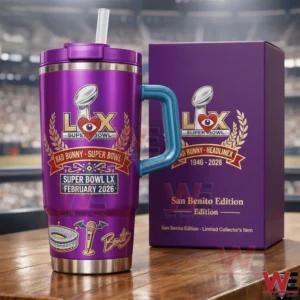 Bad Bunny Super Bowl LX 1946-2026 Tumbler 4 Purple Super Bowl Bad Bunny tumbler with matching box on a table in a stadium!