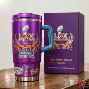 Bad Bunny Super Bowl LX 1946-2026 Tumbler 5 Purple Super Bowl Bad Bunny tumbler displayed with its collector box on a plain background!