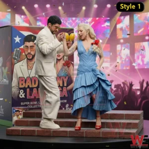 Two music performers posing together on a colorful Super Bowl LX halftime stage collectible!