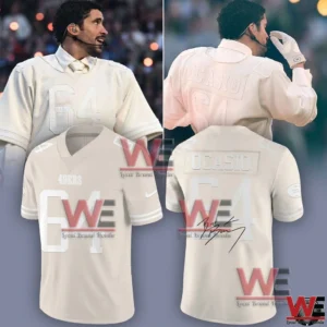 White football style jersey with Ocasio name shown from front and back during a stadium performance!