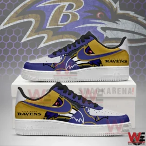 Purple and gold Baltimore Ravens themed sneaker with team logo and raven graphic on the side!