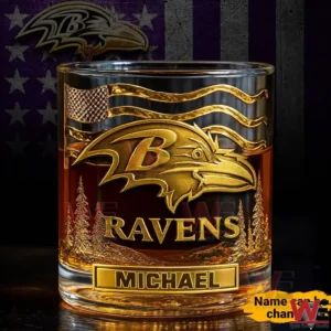 Baltimore Ravens Custom Gold Whiskey Glass 3 Personalized gold Baltimore Ravens whiskey glass with the name Michael!