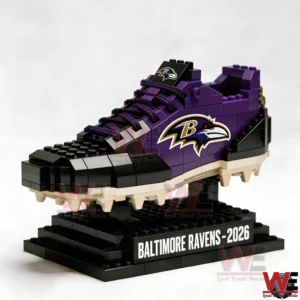 Close up of a Baltimore Ravens themed shoe made from building blocks on a display base!