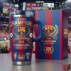 FC Barcelona La Liga Champions 2025 tumbler with club crest trophies and gift box on a table in Camp Nou stadium!