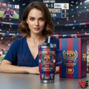 Barça Fans Barca La Liga Champions Tumbler 3 Woman presenting FC Barcelona La Liga Champions 2025 tumbler and gift box with Camp Nou stadium in the background!