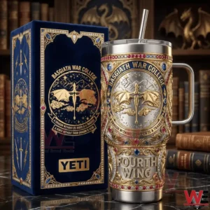 Ornate Basgiath War College Fourth Wing tumbler with dragon emblem and decorative box.