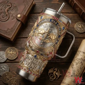 Basgiath War College Fourth Wing tumbler with dragon design on wooden table.