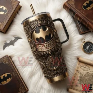 Batman Dark Knight metal tumbler with handle and straw on decorative background!