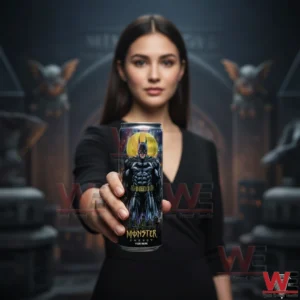 Woman holding an energy drink can with a dark hero illustration!