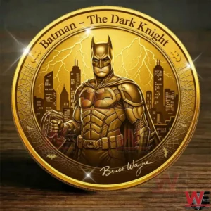 Golden Batman commemorative coin with the Dark Knight in front of a city skyline!