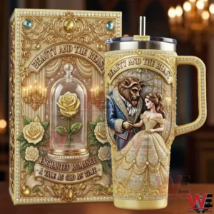 Golden Beauty and the Beast themed tumbler with enchanted rose and matching decorative box!