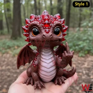 Brown gemstone baby dragon figure with red crystal details held in a forest!