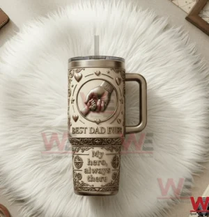 Insulated tumbler with Best Dad Ever message and touching father child hand design!