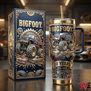 Bigfoot monster truck themed handled tumbler with detailed raised artwork in a workshop setting!