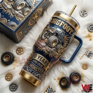Decorative Bigfoot monster truck tumbler displayed with mechanical themed accessories!