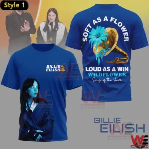 Blue Billie Eilish shirt with portrait on front and flower gramophone design on back!