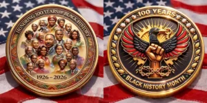 Black History Month commemorative coin with raised fist and bird symbol!