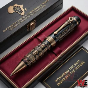 Black History Month commemorative pen with engraved portraits displayed in a luxury box.