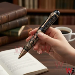Black History Month Commemorative Pen 3 Hand holding a Black History Month commemorative pen above an open book.