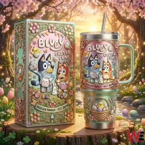 Easter themed tumbler and gift box with cute cartoon family characters displayed in a spring garden scene!
