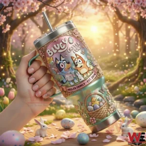 Bluey Easter Fun Heeler Family 2018 Tumbler 4 Hand holding an Easter themed tumbler surrounded by colorful eggs flowers and warm spring light!