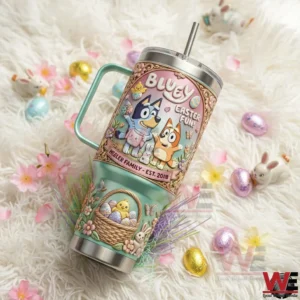 Bluey Easter Fun Heeler Family 2018 Tumbler 5 Easter themed tumbler placed on a soft white background with pastel eggs and flowers!