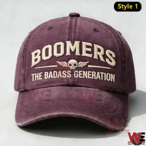 Burgundy cap embroidered with Boomers The Badass Generation text and skull with wings emblem!