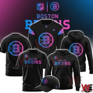 Boston Bruins cyberpunk style apparel set with jersey hoodie shirt and cap on dark background!
