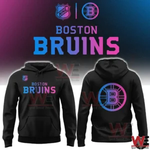Front and back view of Boston Bruins cyberpunk hoodie with large logo!