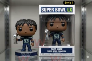 Football champion figure with number 53 holding a Super Bowl trophy displayed in box and outside!