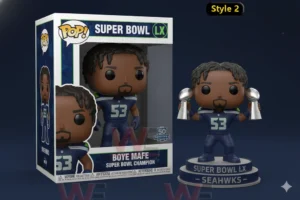 Boye Mafe Seahawks Super Bowl LX Champions 2026 Pop Figure Doll 4 Football champion figure raising a Super Bowl trophy next to a display box!