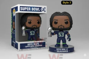 Boye Mafe Seahawks Super Bowl LX Champions 2026 Pop Figure Doll 5 Football champion figure holding a Super Bowl trophy in a studio display!