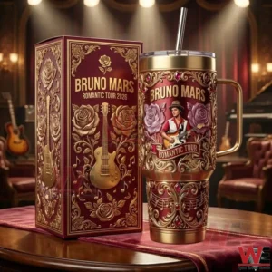 Bruno Mars Romantic Tour 2026 40oz Tumbler With Handle 3 Handled Bruno Mars Romantic Tour tumbler with straw and ornate music themed artwork!
