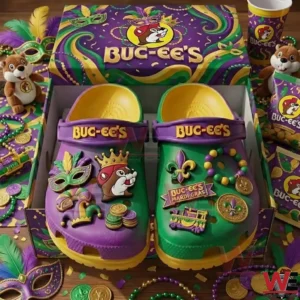 Buc ee s Mardi Gras themed clogs in a decorative box surrounded by beads and carnival accessories.