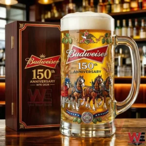 Budweiser one hundred fiftieth anniversary beer stein filled with beer next to wooden display box on bar counter!
