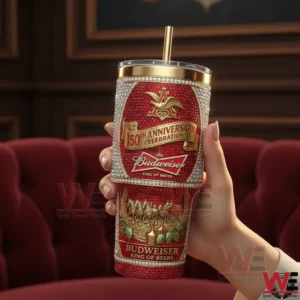 Red and gold Budweiser one hundred fifty year anniversary tumbler held in hand!