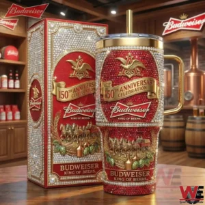 Budweiser one hundred fifty year anniversary tumbler with decorative gift box on display!