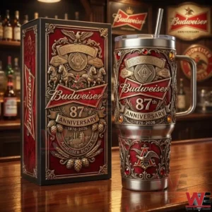 Budweiser 87th anniversary insulated tumbler with ornate vintage design and presentation box on wooden bar!