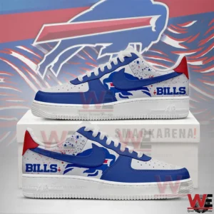 Blue white and red Buffalo Bills inspired sneakers with team logo and bold side graphics displayed on a box.
