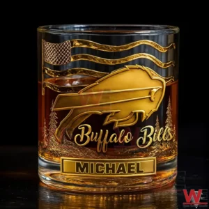 Gold Buffalo Bills whiskey glass with team logo and custom name Michael!