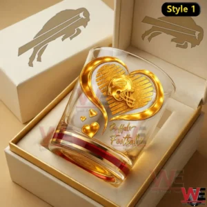 Gold heart Buffalo football themed whiskey glass in a gift box!