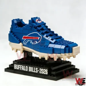 Blue Buffalo Bills football shoe made from building blocks on a display stand!