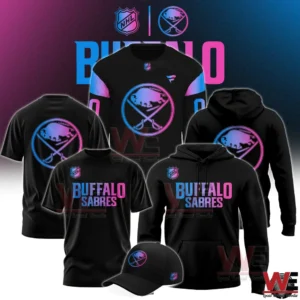Buffalo Sabres black apparel set with neon blue and pink crossed swords logo!