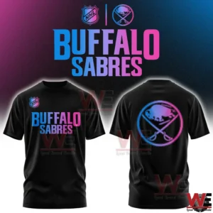 Black Buffalo Sabres t shirt with neon crossed swords logo on front and back!