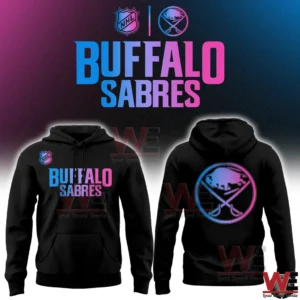 Black Buffalo Sabres hoodie with neon crossed swords logo on back!